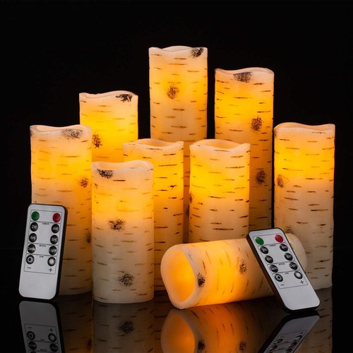 Enpornk Flameless LED Candles - Flickering Birch Bark Effect | Set of 9 Battery-Operated Real Wax with Remote Control