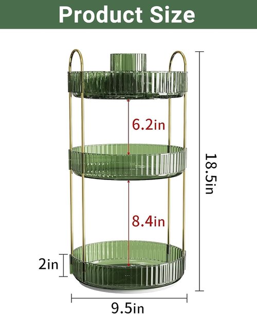 Asayuee 360 Rotating Makeup Organizer - Large 3-Tier Storage for Skincare & Cosmetics | Green