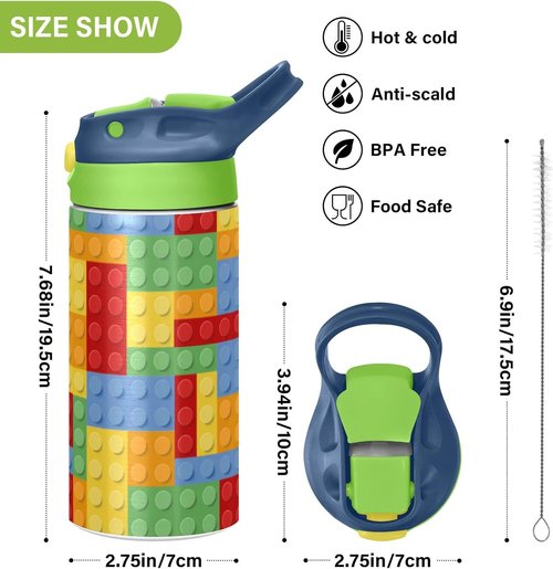 Kigai Insulated Water Bottle for Kids - 12oz Building Blocks Design with Straw Lid & Stainless Steel