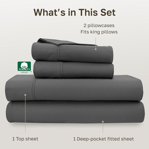 California Design Den Cal King Sheet Set - 100% Cotton, 400 Thread Count, Silky Smooth Sateen - Grey