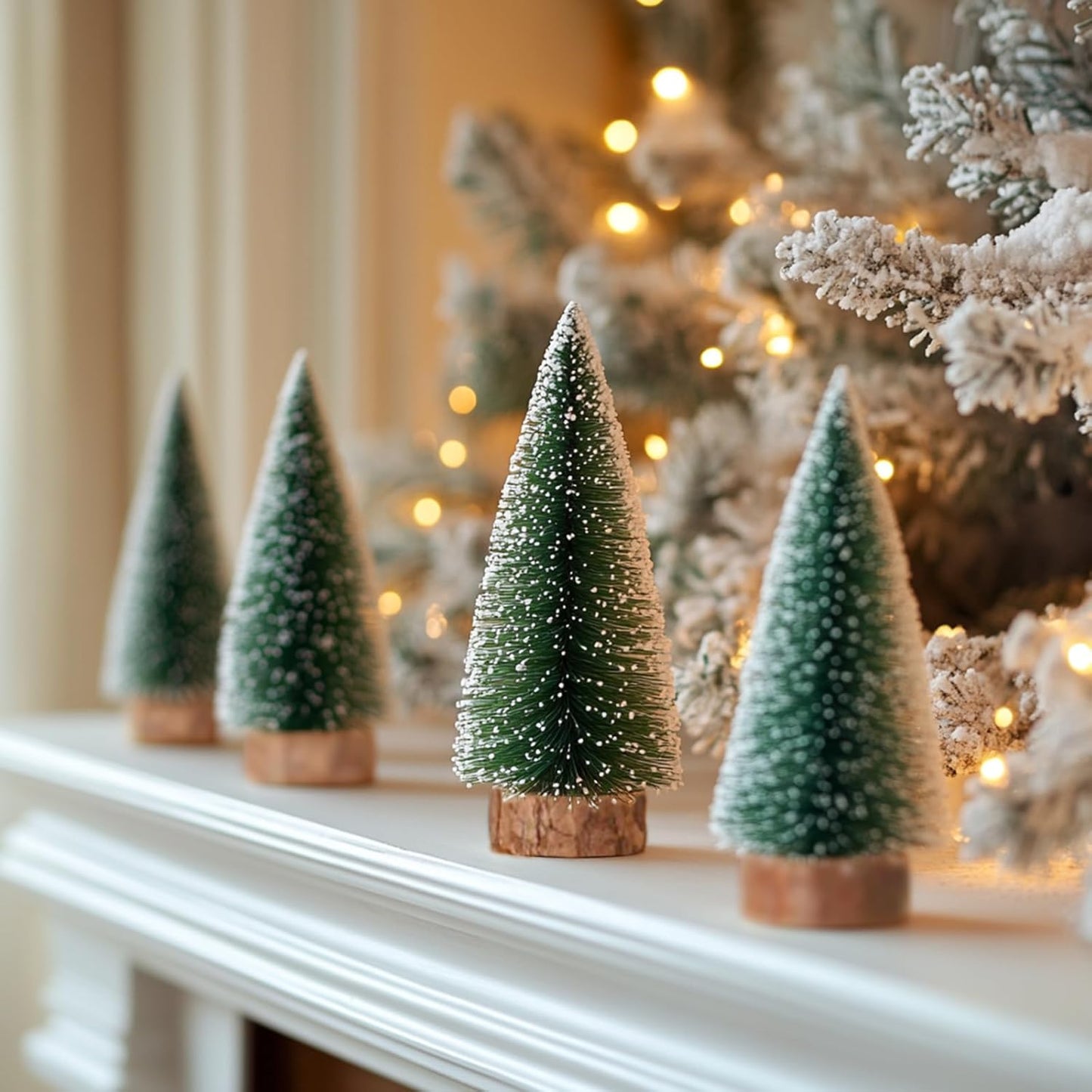 Skiennix 10-Pack Mini Christmas Bottle Brush Trees - 4-Inch Snowy Ornaments with Wooden Base for Festive Decor