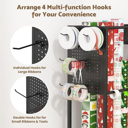 Kikihouse Wrapping Paper Storage Cart - Rolling Gift Wrap Organizer with 12 Slap Bands & Hooks | Black