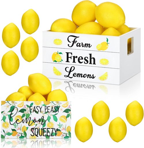 Marsui Lemon Decor Set - Mini Wooden Crate with 8 Realistic Fake Lemons | Rustic Summer Kitchen Decor