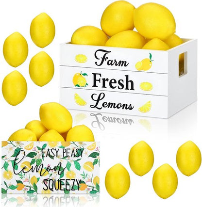 Marsui Lemon Decor Set - Mini Wooden Crate with 8 Realistic Fake Lemons | Rustic Summer Kitchen Decor