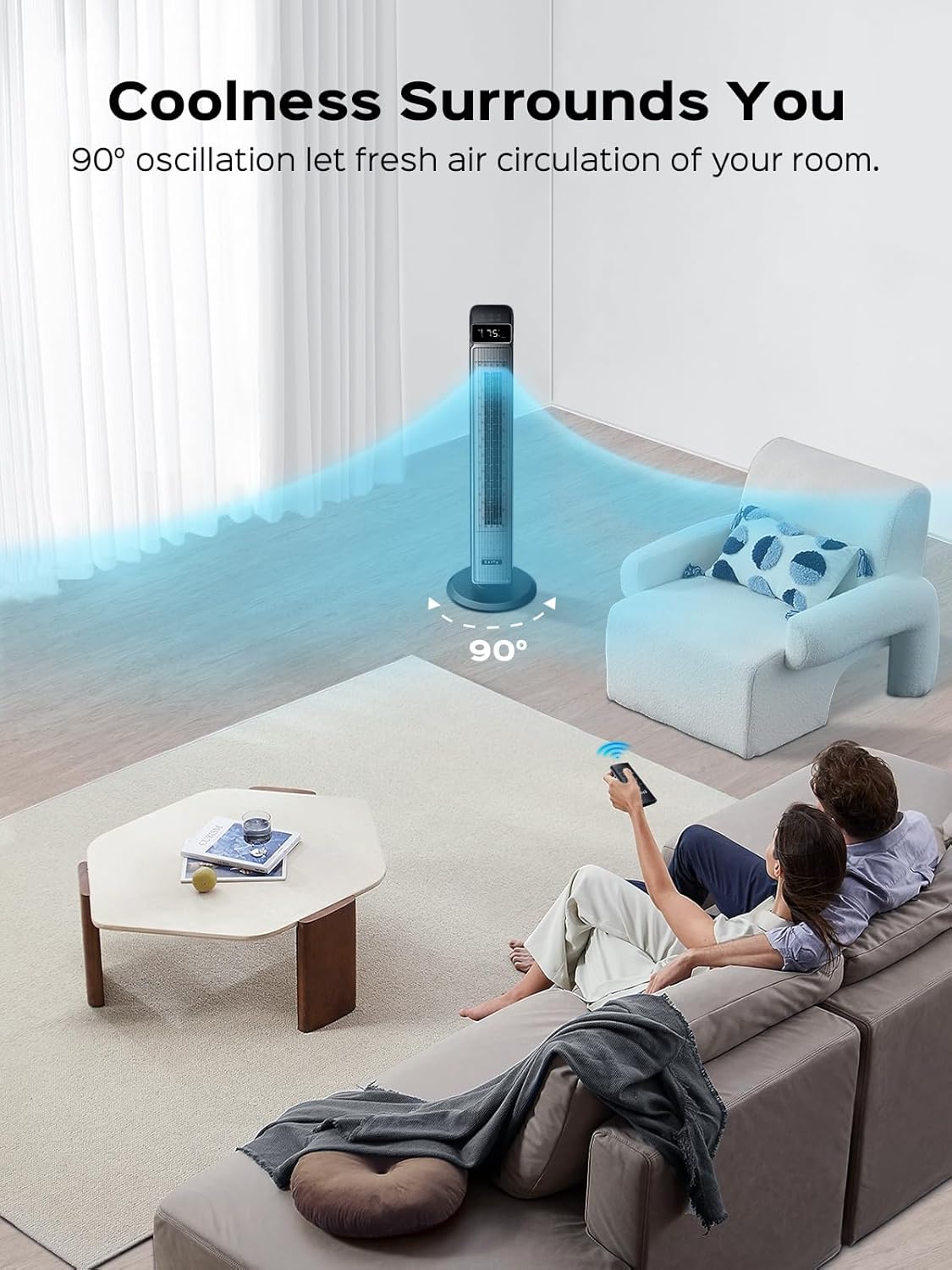 Tower 40-Inch Oscillating Fan - 25ft/s Velocity, 90° Rotation, Remote Control, 30dB Quiet, 6 Speeds & 12H Timer