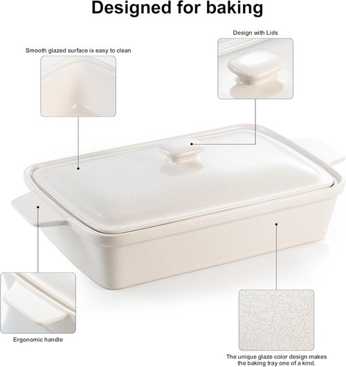 DAFUCERAMIC Casserole Dish - 3.5 Quart Porcelain Baking Dish With Lid | Deep 13 x 9 Oven Safe Bakeware