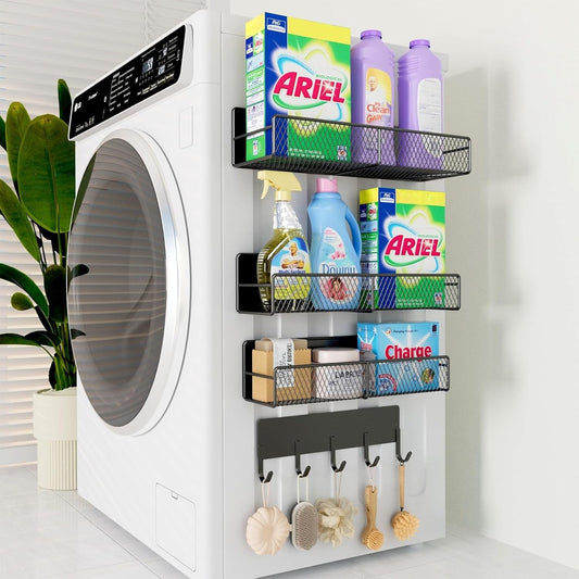 Skiennix Magnetic Shelves - Heavy-Duty Laundry Organizer with Hooks | 4 Pack, Black Storage Solution