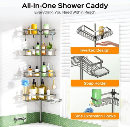HAMITOR Shower Caddy Tension Pole - 4-Tier Rustproof Bathroom Organizer with Soap Holder | Adjustable 47-123 Inch for Small Spaces
