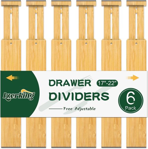 Lzerking Bamboo Drawer Organizers - Adjustable 6 Pack | Expandable Utensil Dividers (17-22")