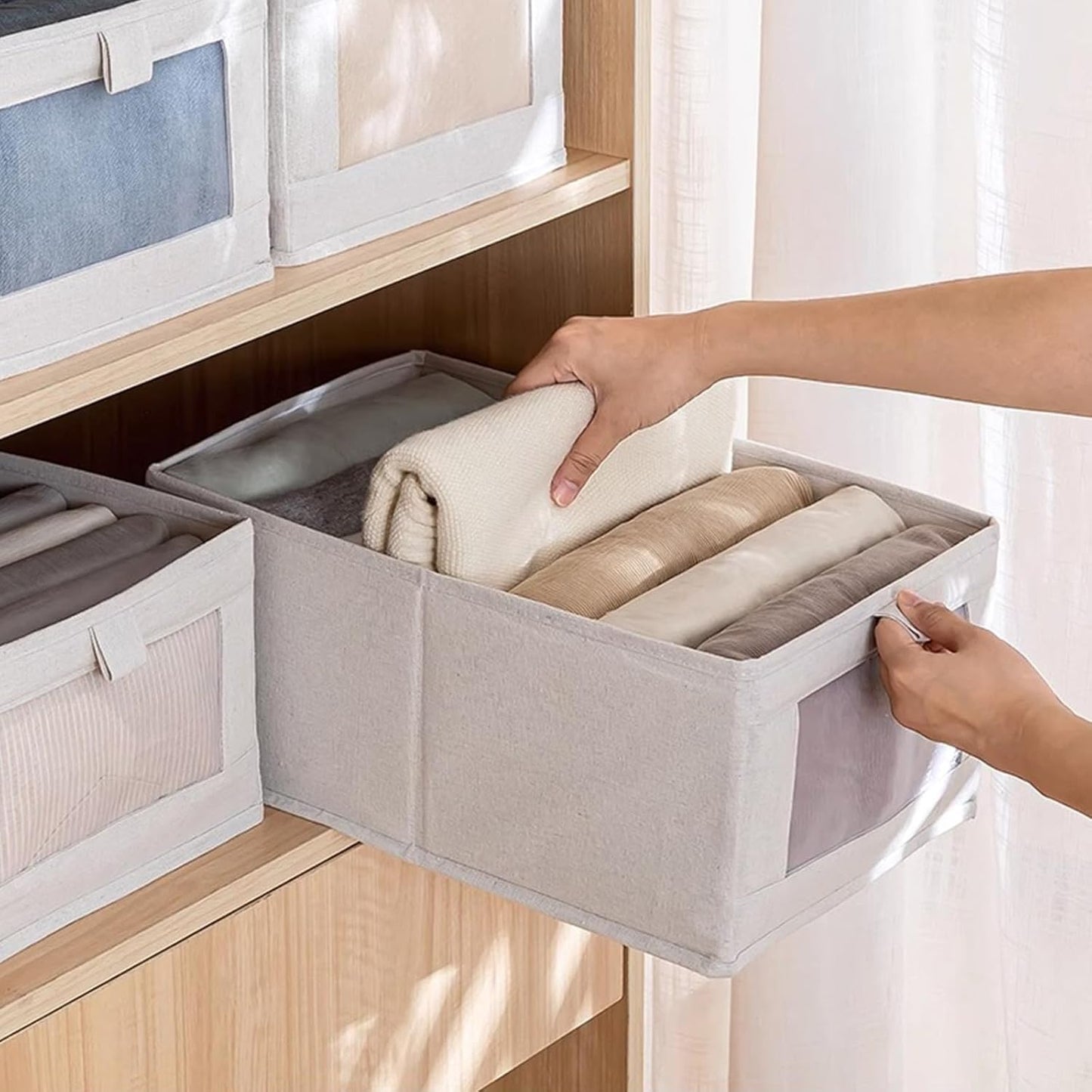 Skiennix Linen Closet Organizers - 6 Pack Foldable Storage Bins with Clear Window for Clothing & Jeans