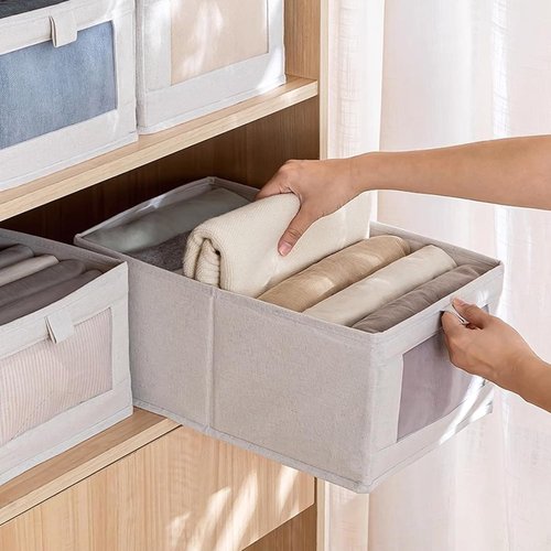 Linen Closet Organizers - 8 Pack Foldable Storage Bins with Clear Window for Clothing & Jeans