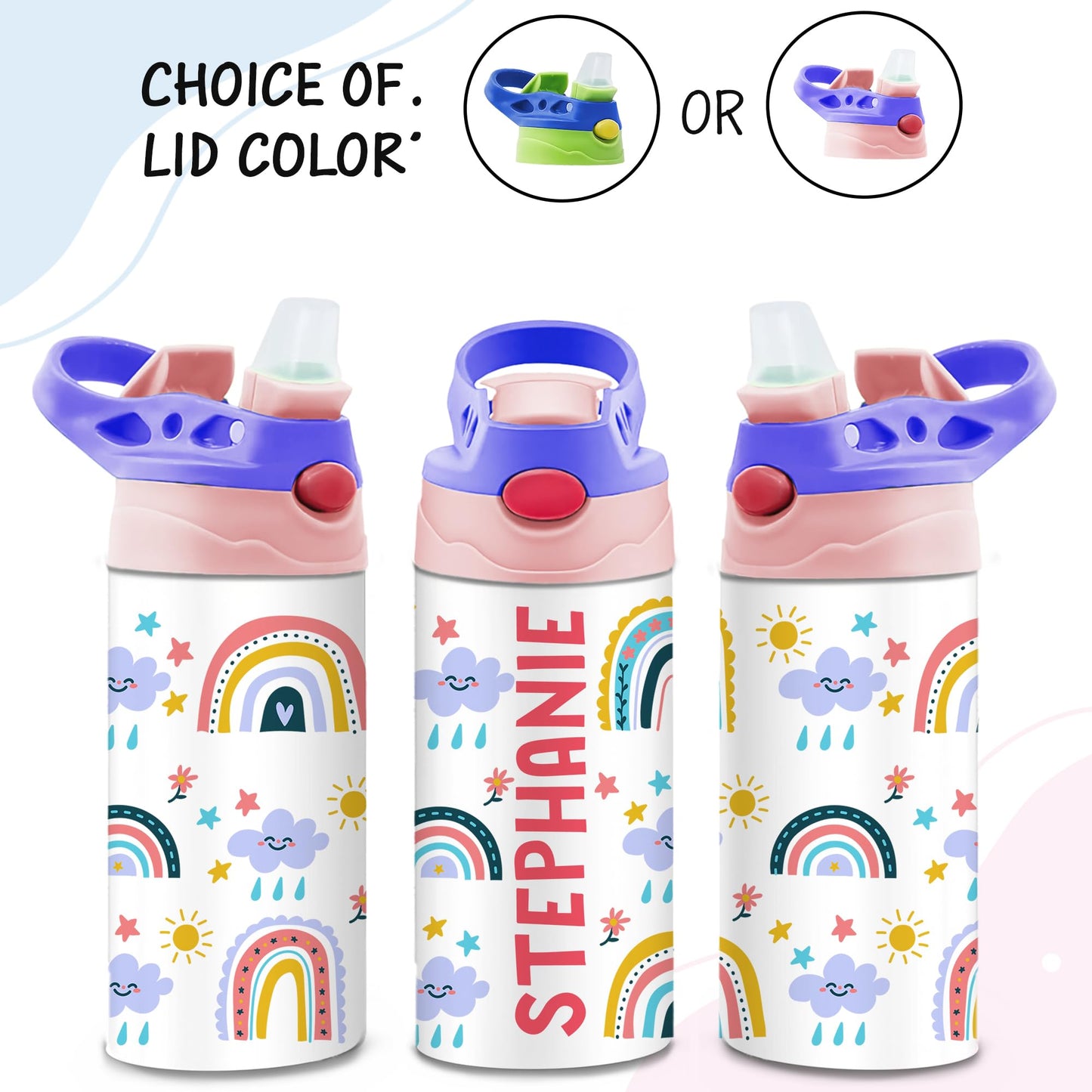 Personalized Kids Water Bottle | 12 Oz Double Wall Insulated Stainless Steel Tumbler | Custom Name Leak-Proof Cup with Straw | Back to School Gift for Toddlers, Children, Boys, Girls | Rainbow