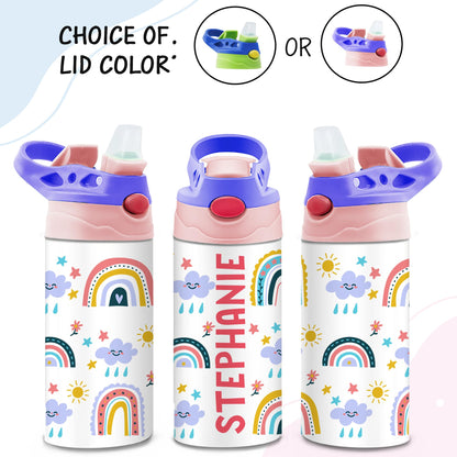 Personalized Kids Water Bottle | 12 Oz Double Wall Insulated Stainless Steel Tumbler | Custom Name Leak-Proof Cup with Straw | Back to School Gift for Toddlers, Children, Boys, Girls | Rainbow