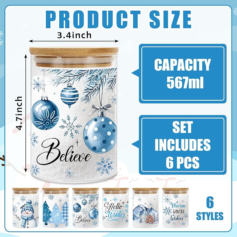 Winter Christmas Glass Storage Jars Set, 6 Pcs with Airtight Lids – Snowman & Tree Designs