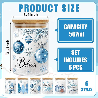 Winter Christmas Glass Storage Jars Set, 6 Pcs with Airtight Lids – Snowman & Tree Designs