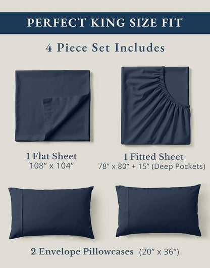 LANE LINEN 100% Organic Cotton King Sheet Set - Fully Elasticized, Fade Resistant, Naturally Cooling, Soft Navy Bedding