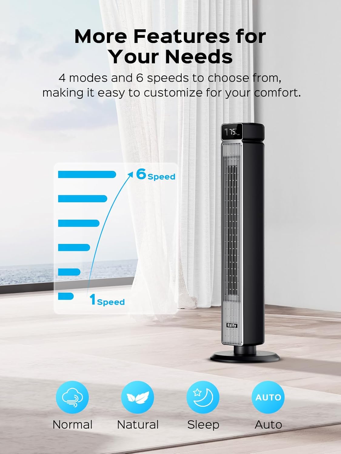 Tower 40-Inch Oscillating Fan - 25ft/s Velocity, 90° Rotation, Remote Control, 30dB Quiet, 6 Speeds & 12H Timer
