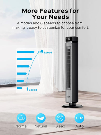 Tower 40-Inch Oscillating Fan - 25ft/s Velocity, 90° Rotation, Remote Control, 30dB Quiet, 6 Speeds & 12H Timer