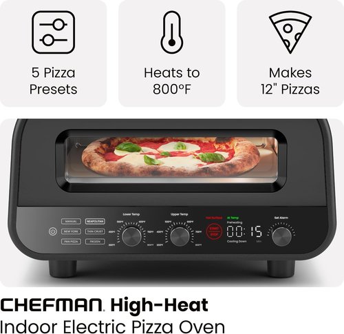 CHEFMAN Indoor Pizza Oven - 12-Inch Pizzas in Minutes, Heats Up to 800°F | Electric Countertop Maker with Touchscreen Presets, Pizza Stone & Peel - Stainless Black