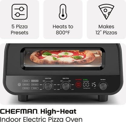 CHEFMAN Indoor Pizza Oven - 12-Inch Pizzas in Minutes, Heats Up to 800°F | Electric Countertop Maker with Touchscreen Presets, Pizza Stone & Peel - Stainless Black