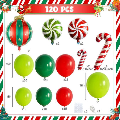 Christmas Balloon Arch Kit 117pc Candy Cane Red & Green Party Decoration, Includes Arch Accessories