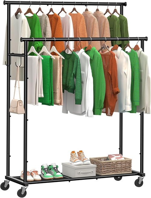 Ekisemio Heavy-Duty Double Rods Clothes Rack - 400 LBS Capacity, 45 Inch Rolling Design, Black