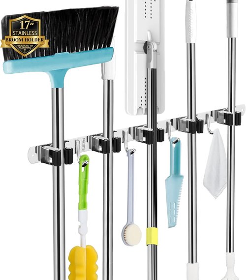 AceMining Wall Mounted Broom and Mop Holder - 3 Pack Heavy Duty Stainless Steel Organizer with 4 Hooks