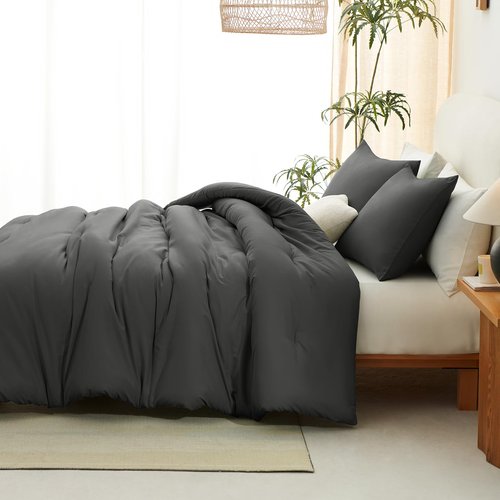 CozyLux Queen Comforter Set Dark Grey, 3 Pieces Solid Comforters Queen Size Breathable Quilted Bedding Sets, Dark Gray Luxury Soft Lightweight Bed Set with Down Alternative Comforter and 2 Pillowcases