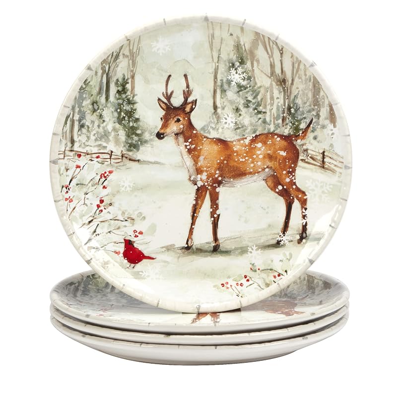Winter’s Walk 16-Piece Ceramic Dinnerware Set for 4 | Handpainted Forest Animals