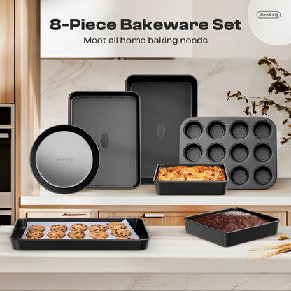 Skiennix Nonstick Baking Pans Set - 8-Piece Stackable Bakeware Set | Non-Toxic Oven Safe, Black