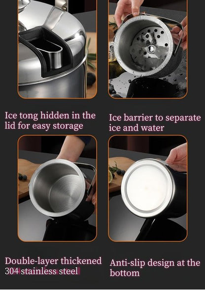 Insulated Ice Bucket with Lid and Scoop & Tong, Double Wall 304 Stainless Steel Ice Bucket for Freezer, Built-in Strainer for Effortless Ice Water, 2.75 qt Ice Buckets for Parties, Champagne Bucket.