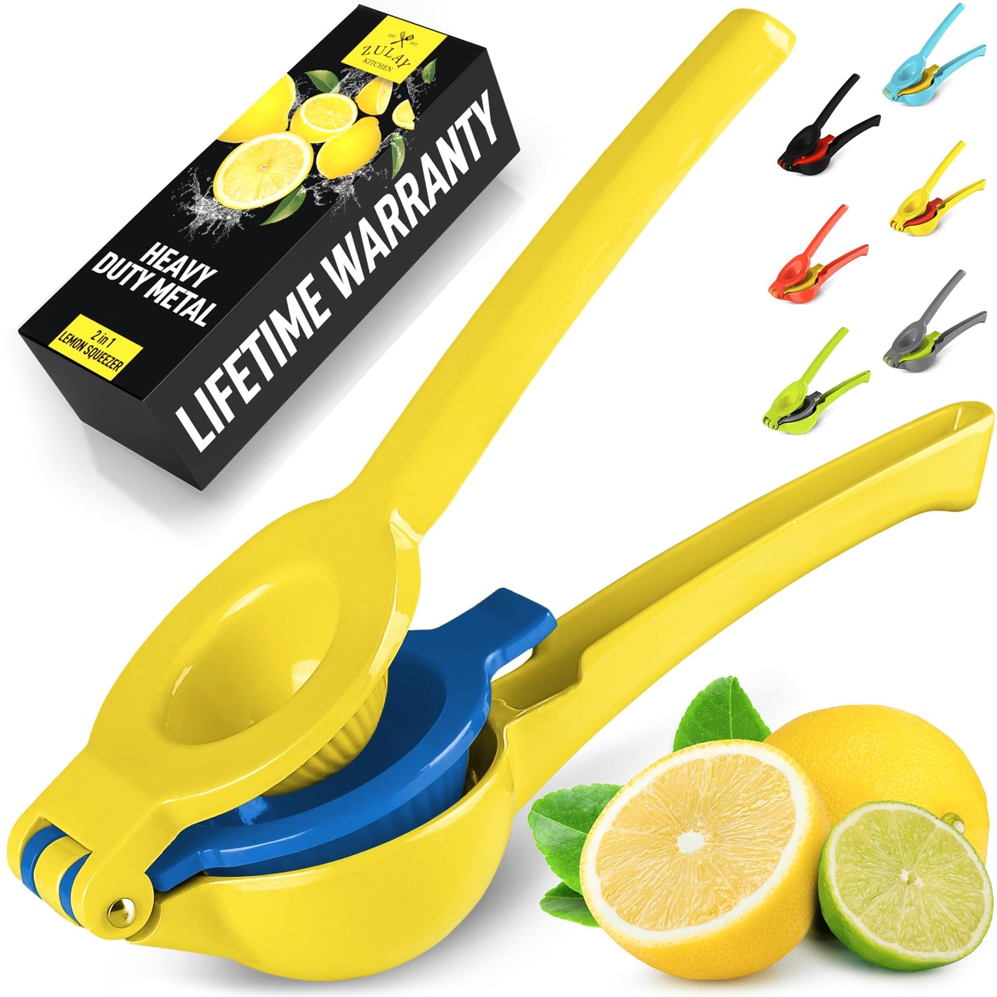 Zulay Metal 2-In-1 Lemon Squeezer Manual - Sturdy, Max Extraction Hand Juicer Lemon Squeezer Gets Every Last Drop - Easy to Clean Manual Citrus Juicer - Easy-to-Use Lemon Juicer Squeezer - Gold/Blue