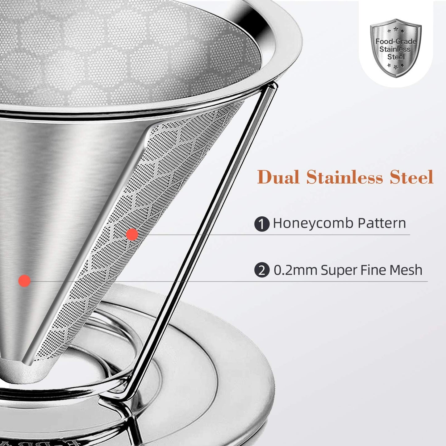 E-PRANCE Pour Over Coffee Dripper, Stainless Steel Coffee Filter Reusable Pour Over Coffee Filter Cone Coffee Dripper with Removable Cup Stand and Bonus Brush