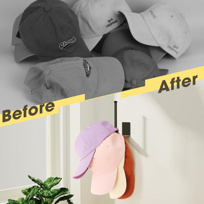 Skiennix Hat Rack | 4 Pack Stainless Steel Baseball Cap Organizer - Strong Adhesive & Wall Drilled, Black 6 in