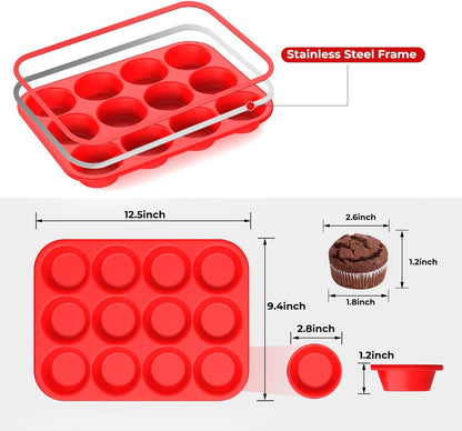 Skiennix Silicone Muffin Pan - 12-Cup Baking Tray with Metal Reinforced Frame | BPA-Free, Dishwasher Safe, Red