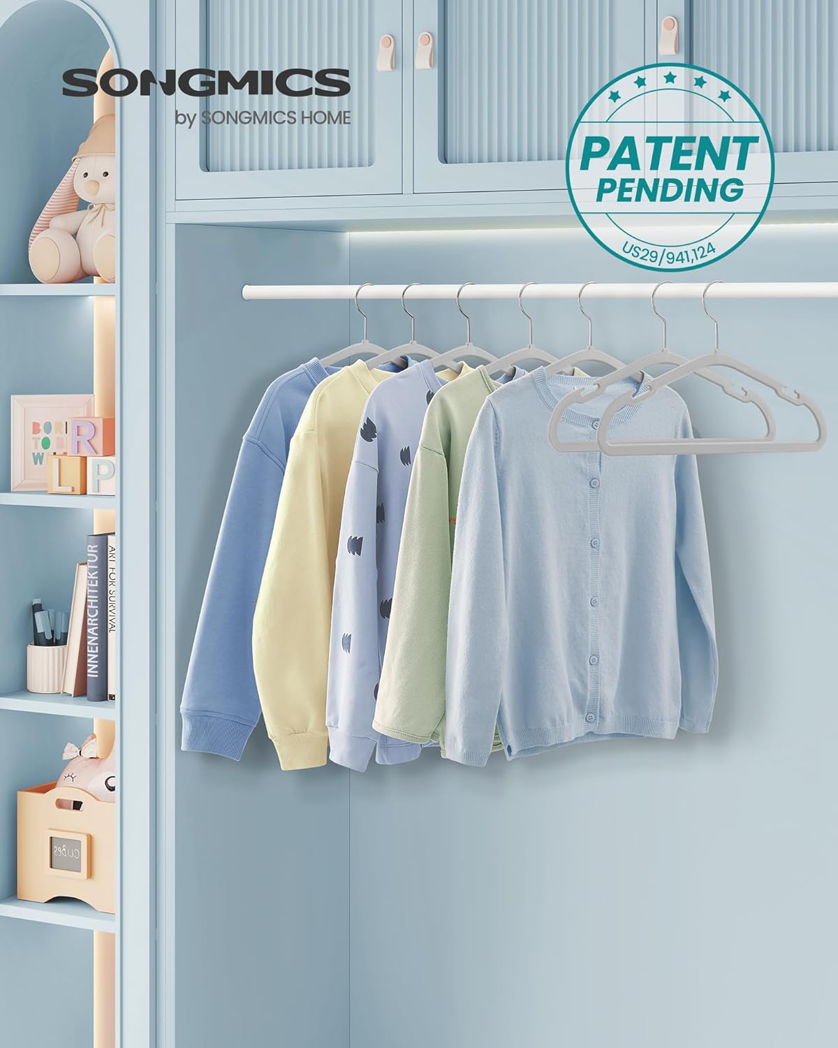 SONGMICS Kids Hangers - 50 Pack Non-Slip Velvet Baby Hangers | Space-Saving Design, Dove Gray, 14 x 8 Inches