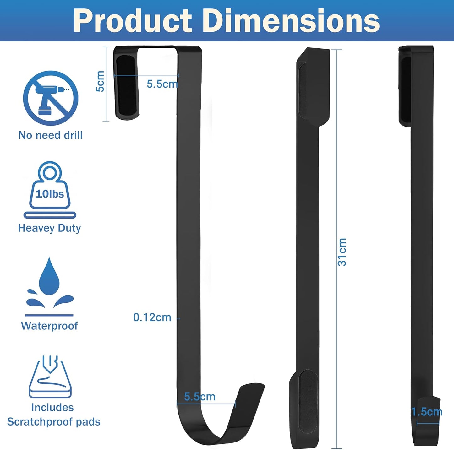 Skiennix Wreath Hanger - 12" Over Door Hook for Coats, Bags & Seasonal Decor | Black
