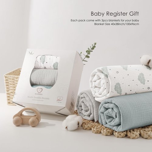 Bearmoss Muslin Swaddle Blankets, 40 x 38 inches Baby Swaddle for Boys and Girls, Soft Baby Blanket, 3 Pack Breathable Nursery Receiving Blankets (Cloud)