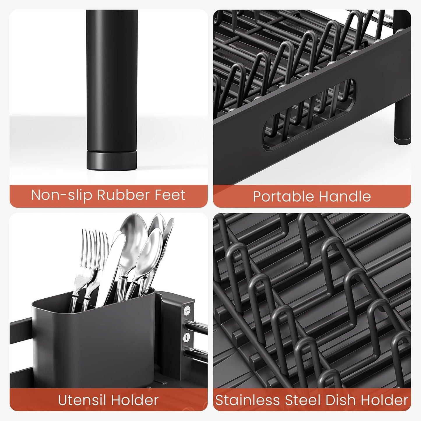 TOOLF Dish Drying Rack - Expandable Kitchen Counter Rack with Drainboard & Cutlery Holder | Black