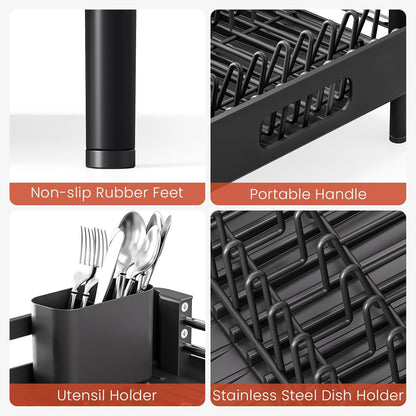 TOOLF Dish Drying Rack - Expandable Kitchen Counter Rack with Drainboard & Cutlery Holder | Black
