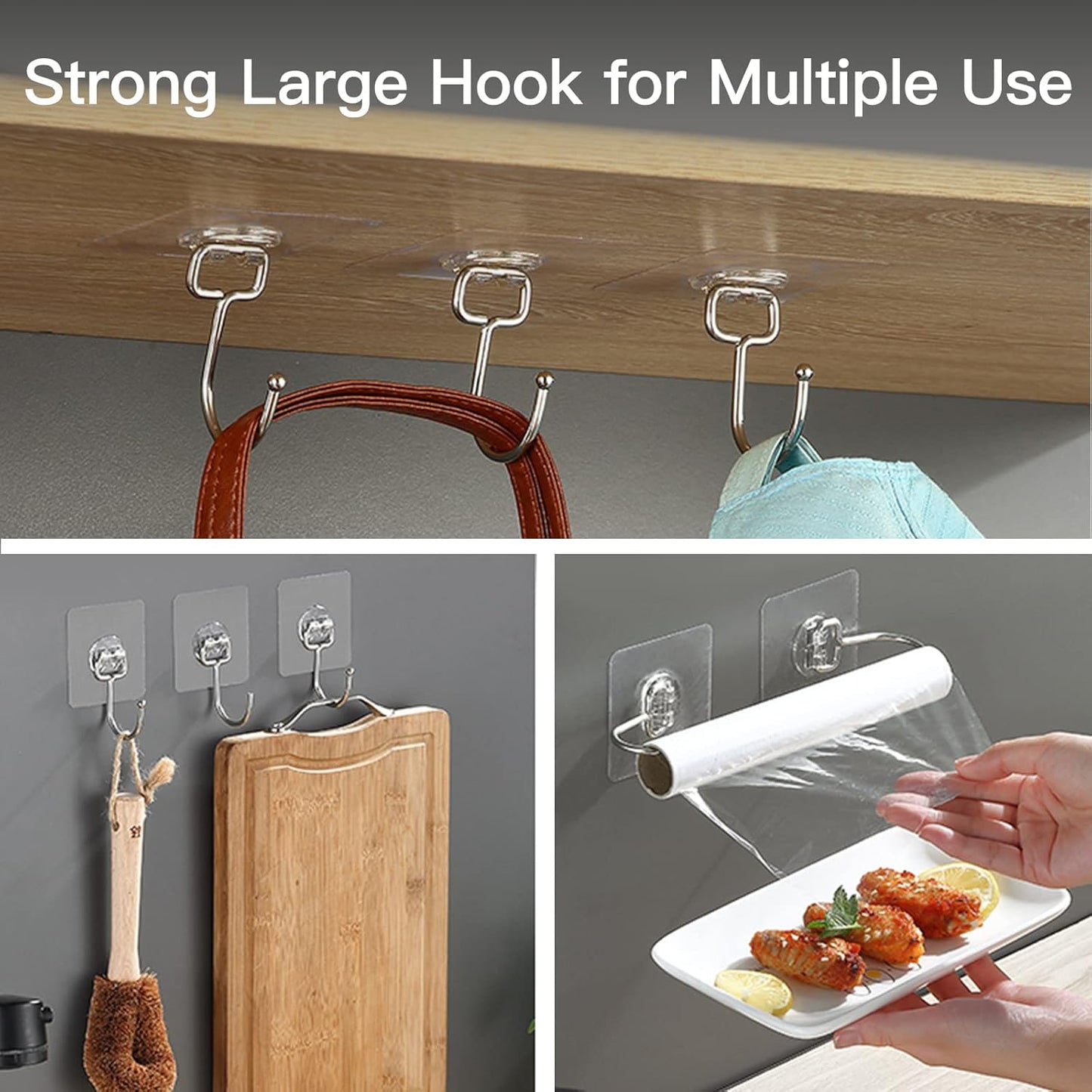 Skiennix Heavy-Duty Wall Hooks - 44lb Capacity, Self-Adhesive & Removable, 10-Pack, Clear & Waterproof