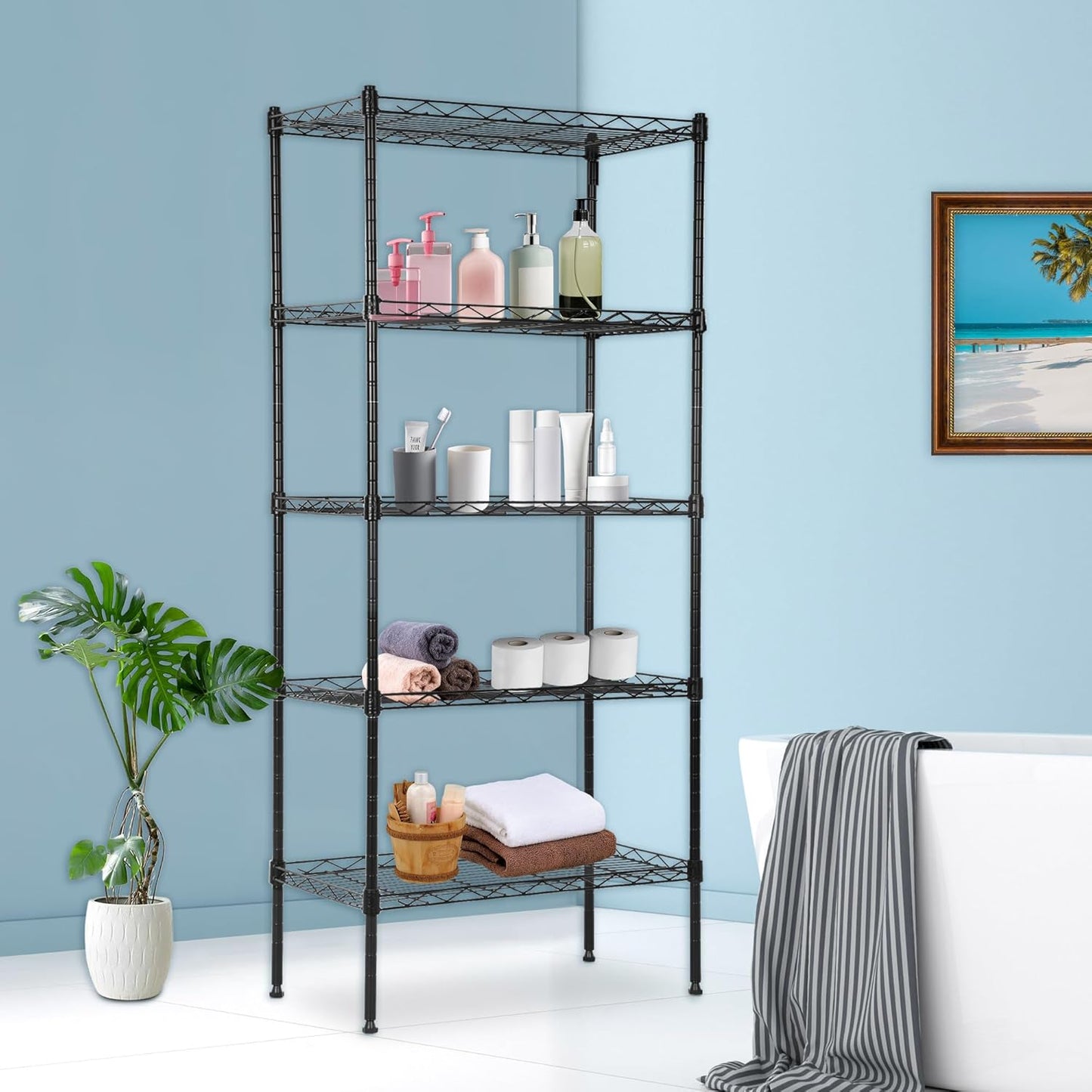 BestOffice 5-Tier Wire Storage Shelves - Heavy-Duty Metal | Adjustable Racks | 22x12x48 | Black | Holds Up to 750 lbs | No-Tool Assembly for Home & Garage