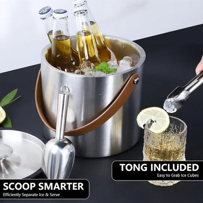 4L Ice Bucket with Lid, Scoop,Tongs & Strainer, Stainless Steel Double Wall Insulated Ice Buckets for Parties & Cocktail Bar, Large Outdoor Champagne Ice Container, Light Brown Handle