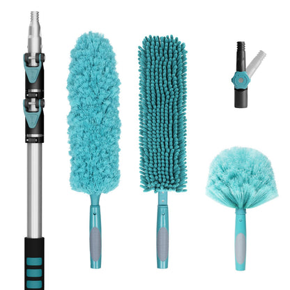 TelesPro 20 Foot High-Reach Duster Kit with 5-12FT Extendable Pole - High Ceiling Duster Cleaning Kit with Telescopic Pole,Cobweb Duster, Chenille Ceiling Fan Duster, Microfiber Feather Duster