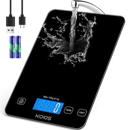 KOIOS Food Scale, 33lb/15kg Digital Kitchen Scale Weight in Grams and Ounces for Cooking Baking, 1g/0.1oz Precise Graduation, Batteries and Type-C Charging, Tare Function, LCD Display, Black
