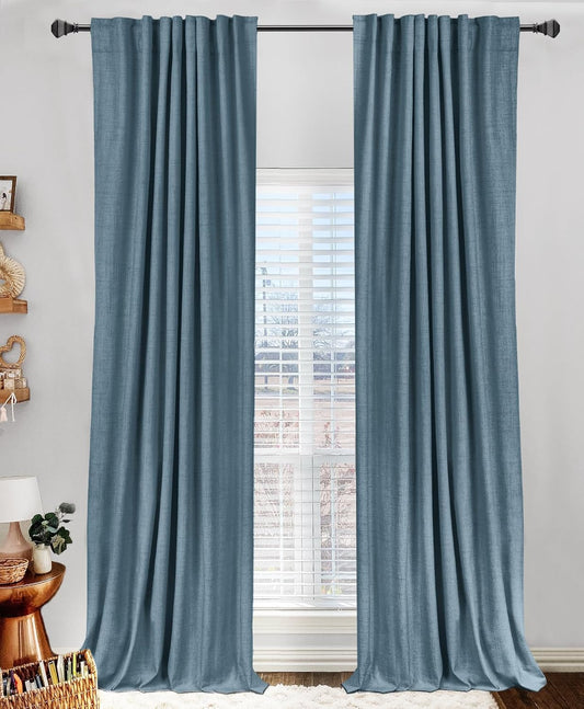 Skiennix 100% Blackout Linen Curtains - Thermal Insulated Drapes, 50" W x 96" L, Stone Blue | 2 Panels Set