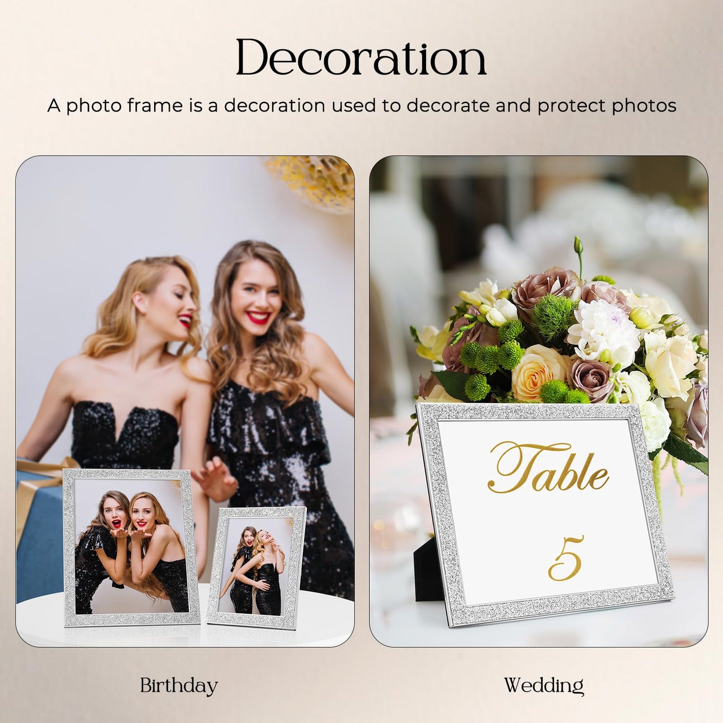 TWING 8x10 Picture Frame,Silver Sequins Bling Glitter Photo Frame with HD Real Glass,Silver Metal Picture Frames for Tabletop Display,Ideal Gift to Family and Friends(Silver,1 Pack)