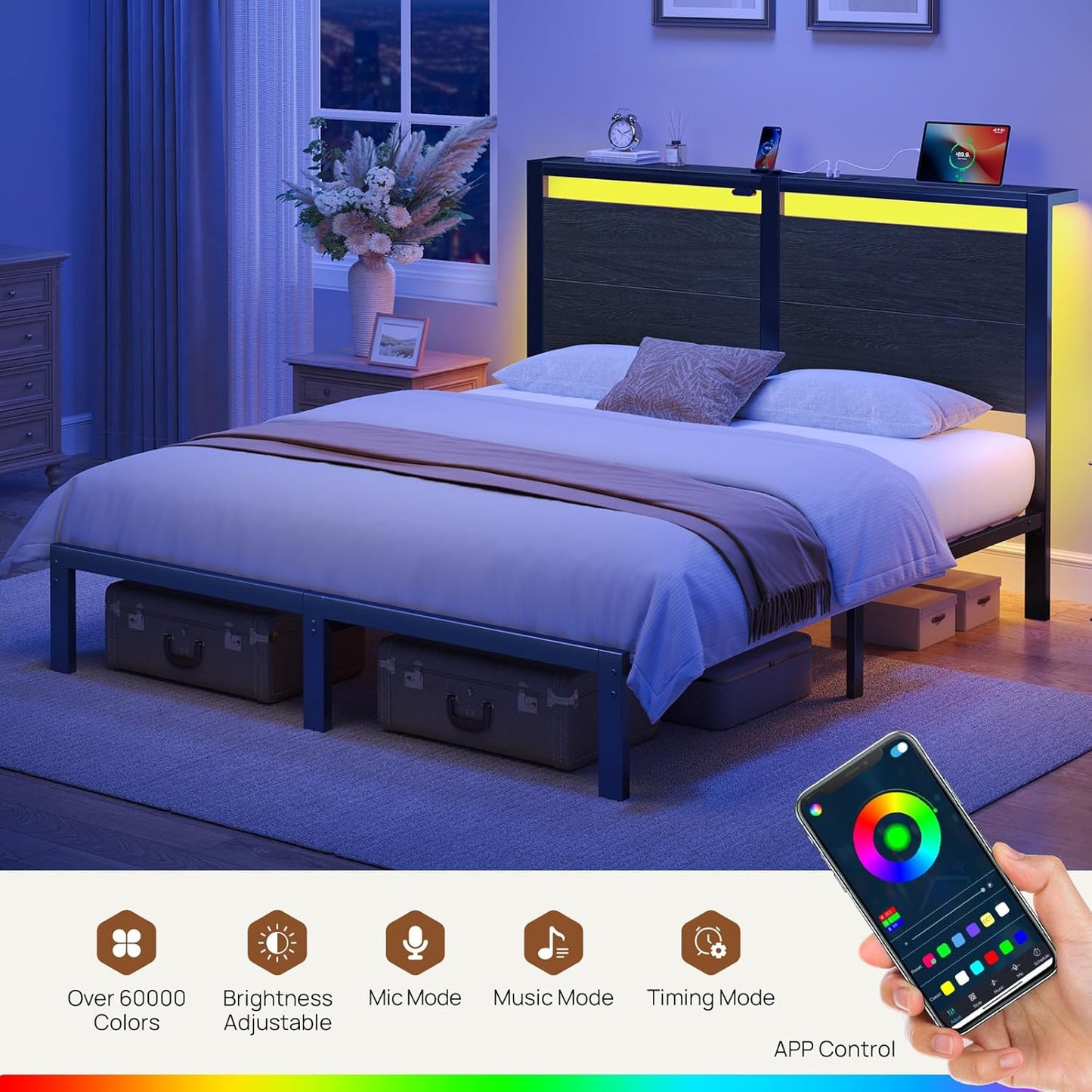 Rolanstar Queen Bed Frame - LED Headboard with Charging Station | Noise-Free, Black Oak Design