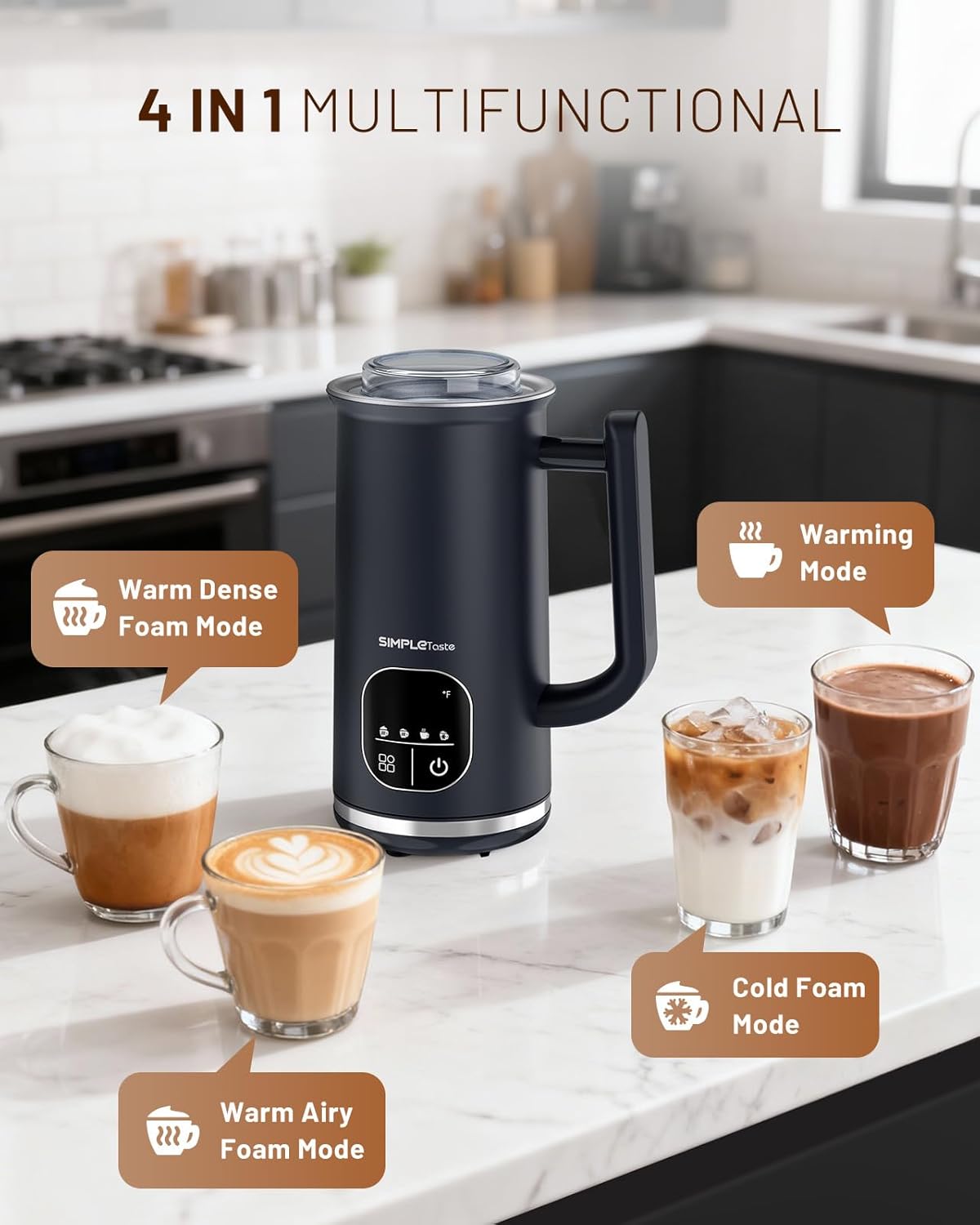 SIMPLETASTE Electric Milk Frother - 4-in-1 Touch Screen Steamer for Lattes, Cappuccinos & Macchiatos