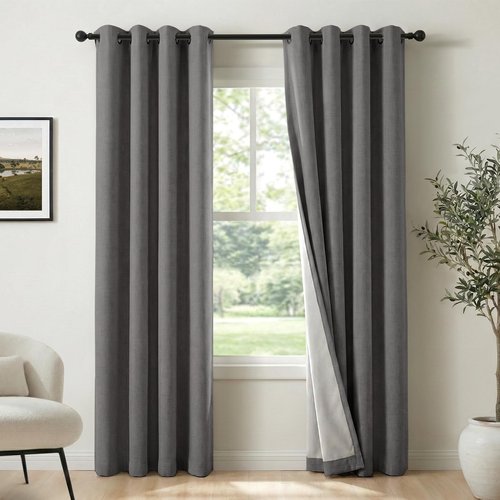 100% Blackout Shield Linen Blackout Curtains for Bedroom, Dark Grey Grommet Curtains for Living Room, Thermal Insulated Room Darkening Drapes for Nursery, Boho Home Decor, 50" W x 84" L, 2 Panels